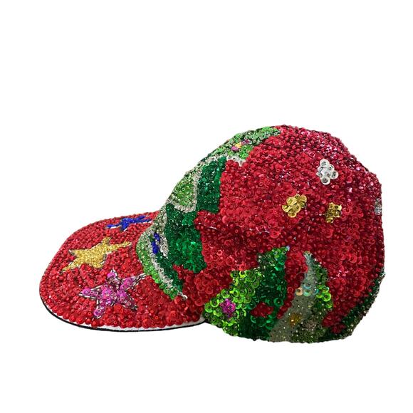 Sequin All over Christmas Tree Stars Ornaments Glam Bling Baseball Cap Hat - Picture 2 of 7
